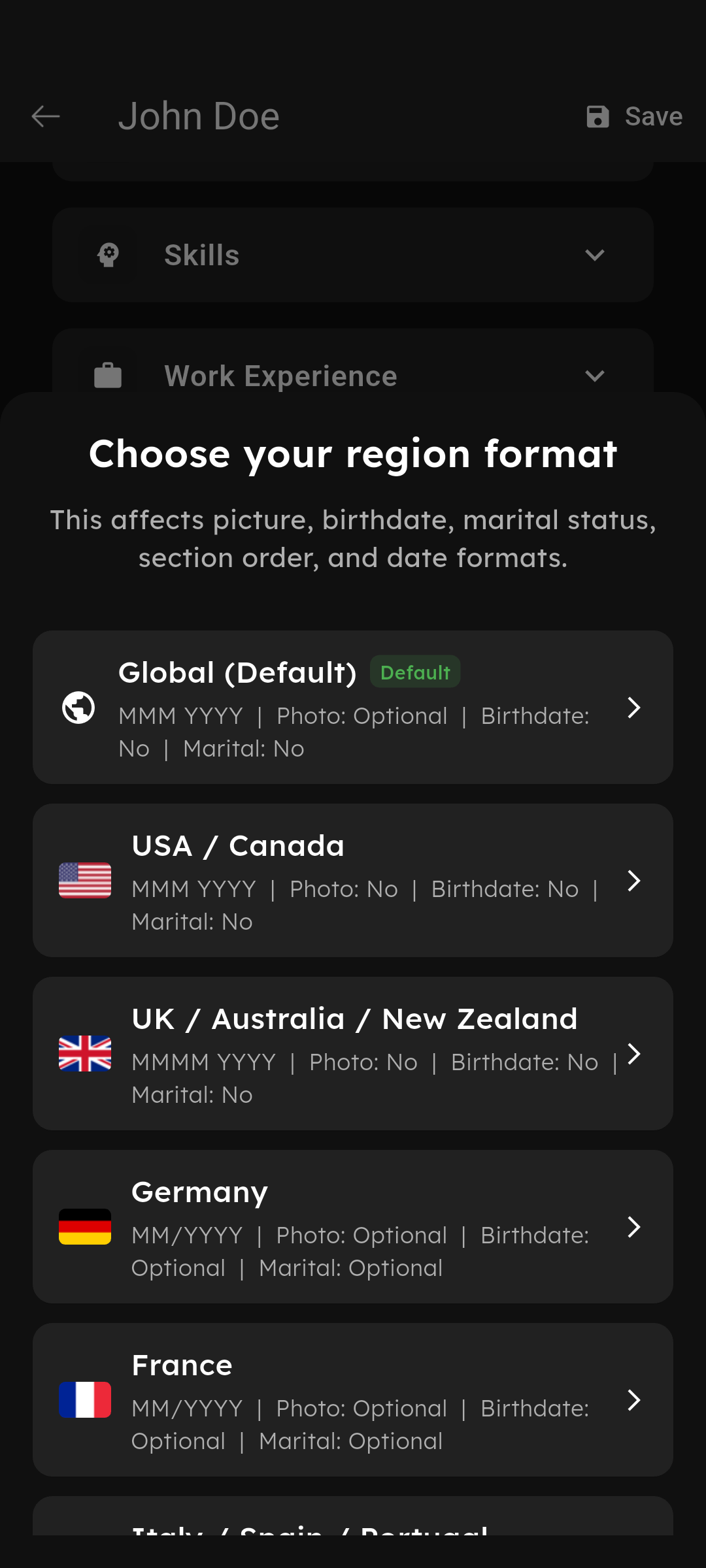 Region settings